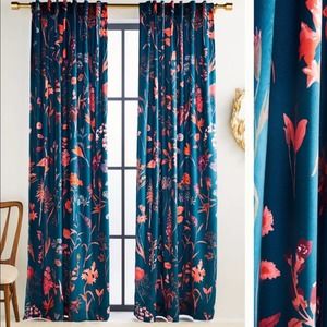 Anthropologie Teal Curtains with Coral and Pink Floral Print